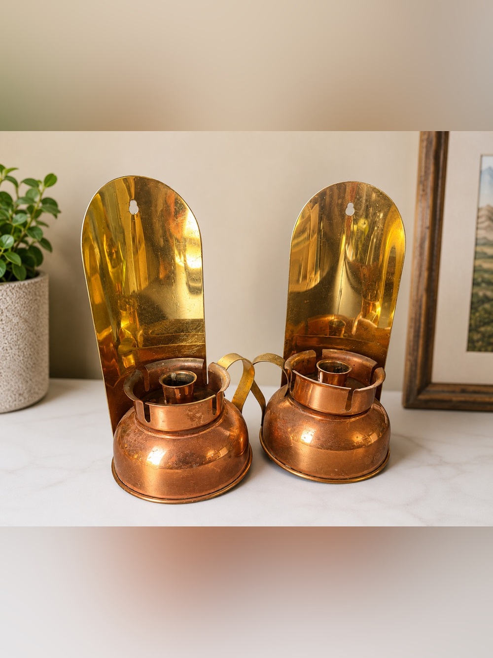 Vintage Pair of Copper Tone Wall Candle Sconces – Mid Century Hollywood Regency